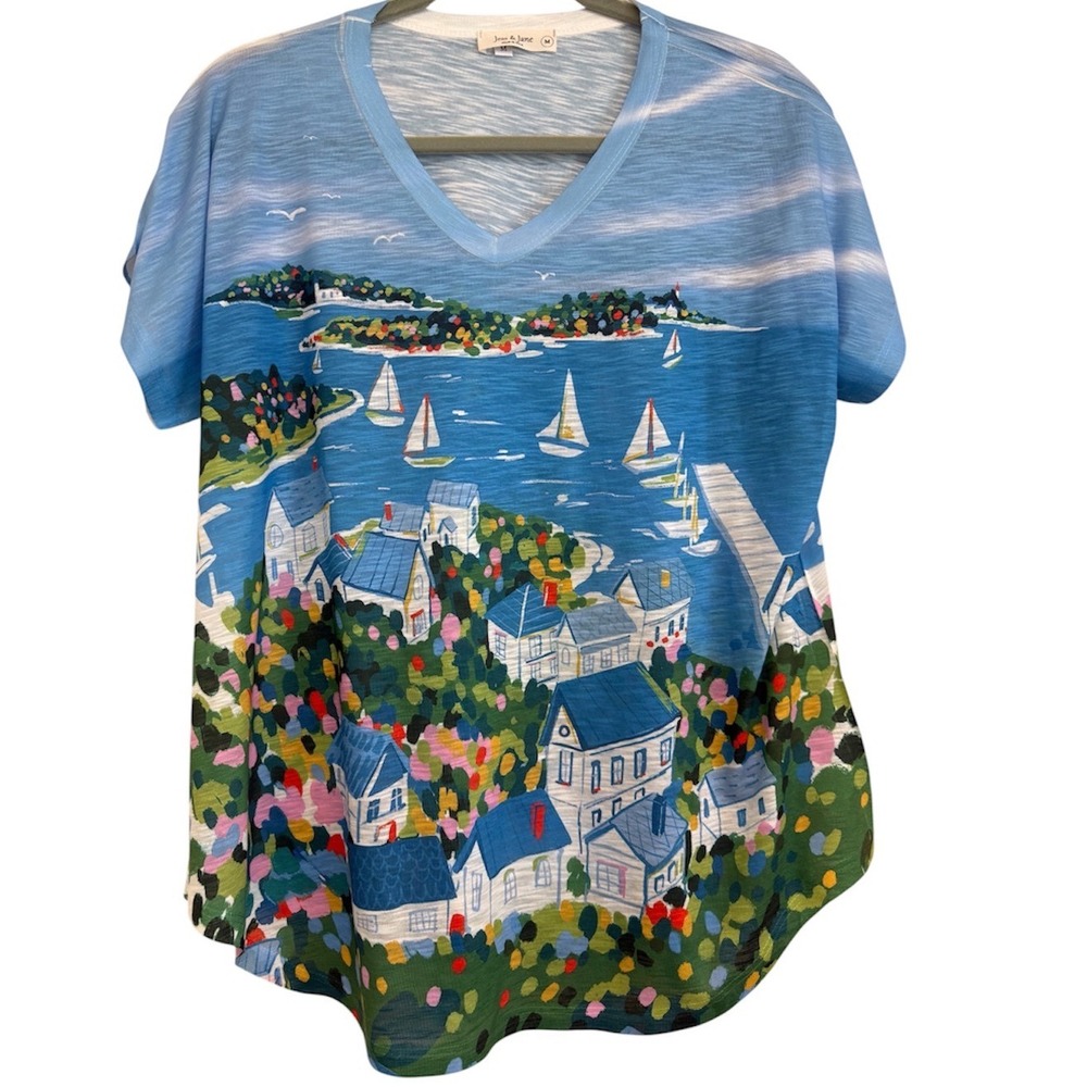 Jess & Jane Nautical Sailboat Coastal Art Print V-Neck Slub Knit Top Blue Medium